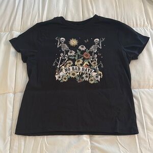 Black Graphic Tee with Skeleton and Floral Design  *BUNDLE 4/$10*